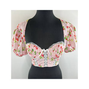 For Love & Lemons Strawberry Print Puff Sleeve Pink Celia Cropped Top M Medium